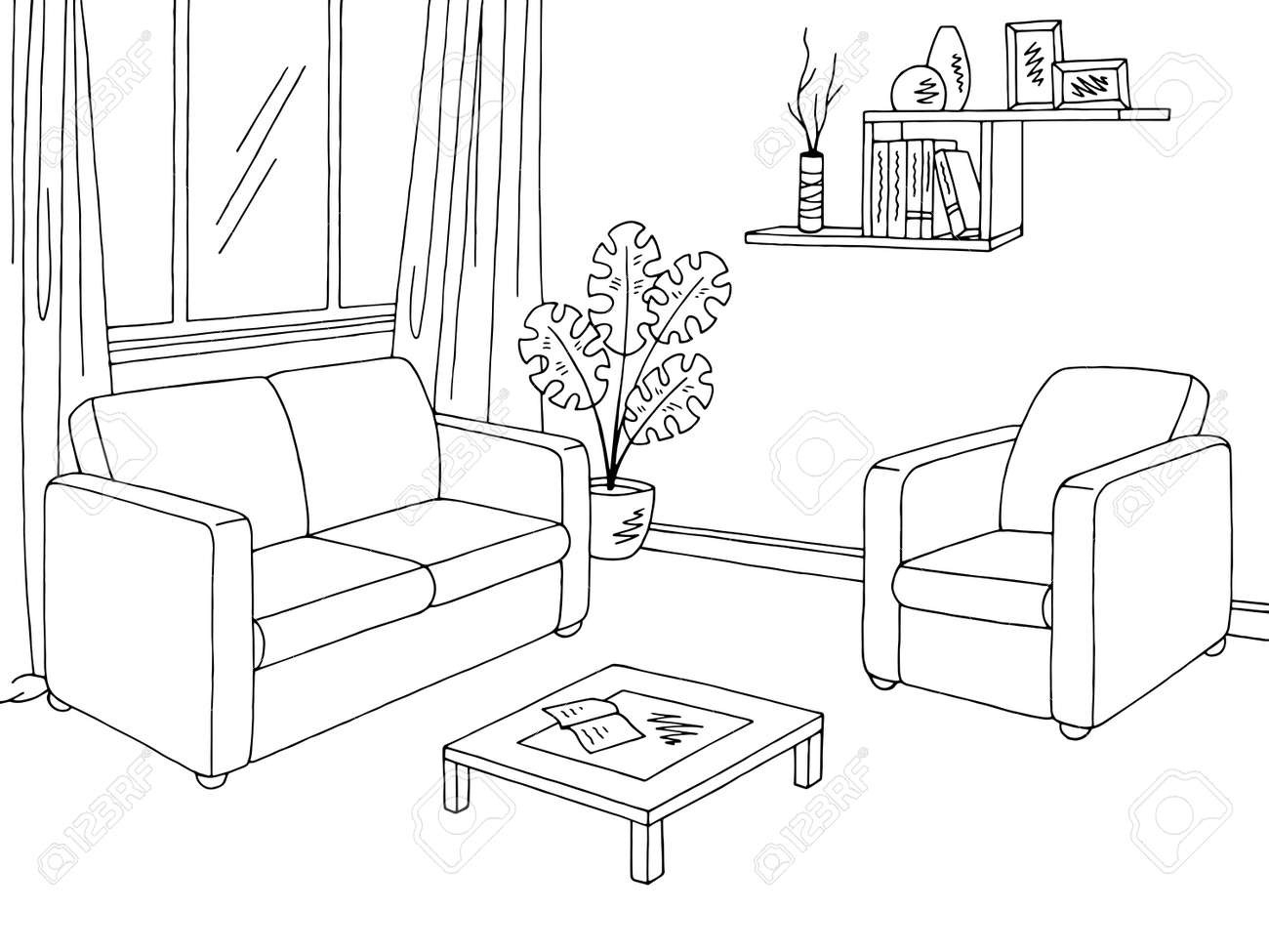 Wohnzimmer Grafik Schwarz Weiß Innenraum Skizze Vektor Lizenzfrei for Wohnzimmer Zeichnen